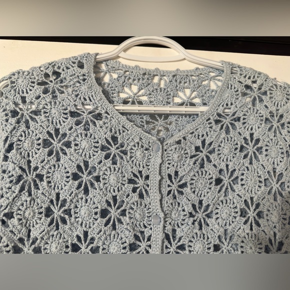 Gorgeous Handmade Crochet Knit Cardigan with Beautiful Blue buttons - Picture 4 of 6
